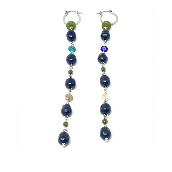 New Free People Regina Glass Bead Drop Dangle Earrings Blue Silver - Picture 3 of 4